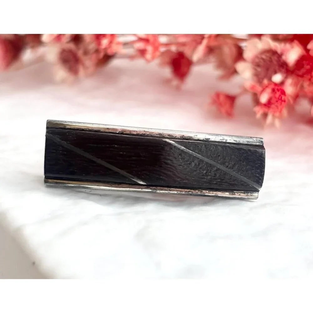 Taxco, Mexico Sterling Silver Dark Wood Short Vintage Men's Tie Bar | Tie Clip